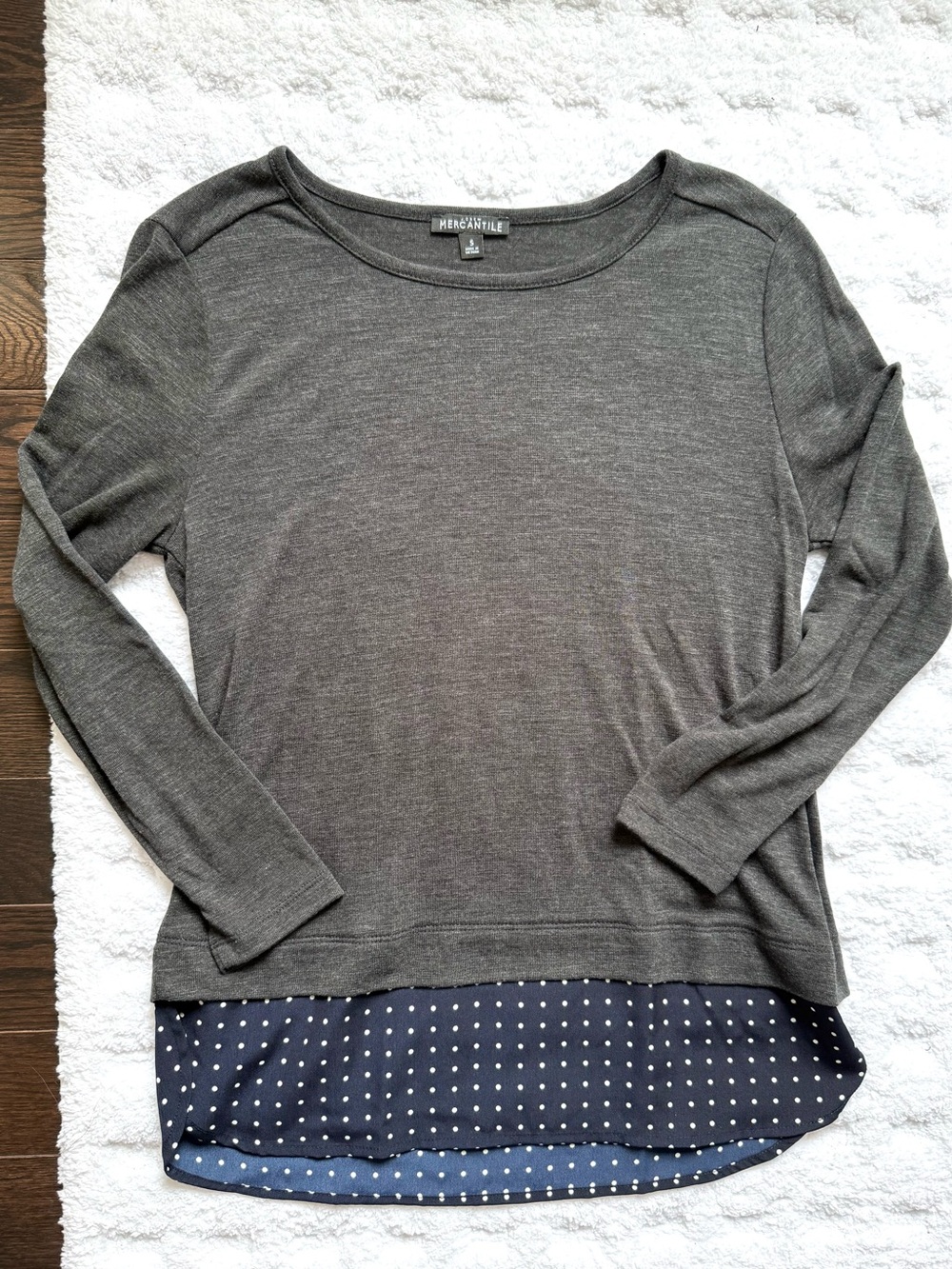 J. Crew Dark Gray Long-Sleeve Layered Top with Navy Polka-Dot Peekaboo Hem